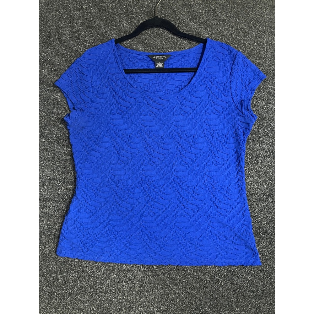 Liz Claiborne Career Royal Blue Textured Short Sleeve Scoop Neck Blouse XL